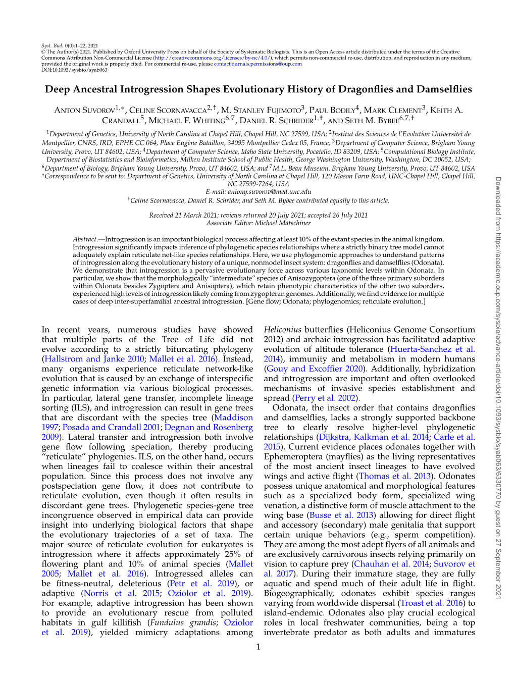 Deep Ancestral Introgression Shapes Evolutionary History of Dragonﬂies and Damselﬂies