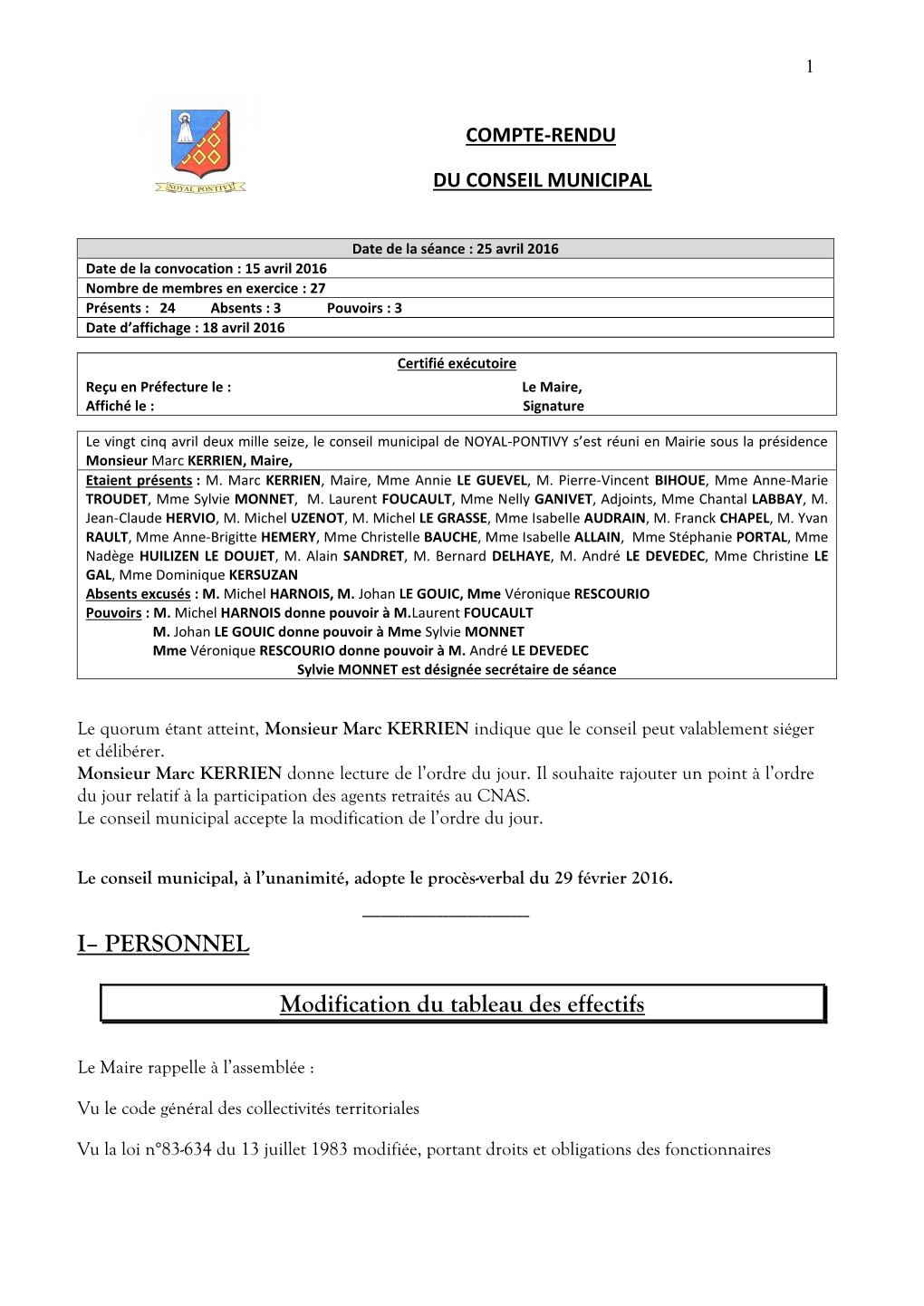 I– PERSONNEL Modification Du Tableau Des Effectifs