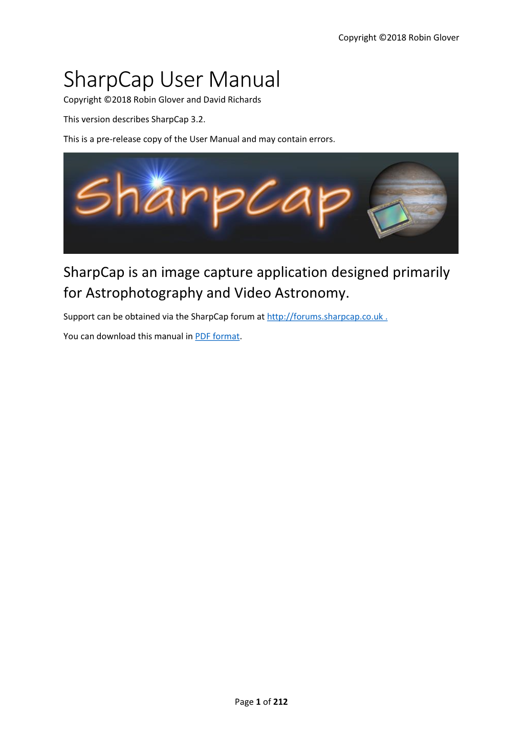 Sharpcap User Manual Copyright ©2018 Robin Glover and David Richards