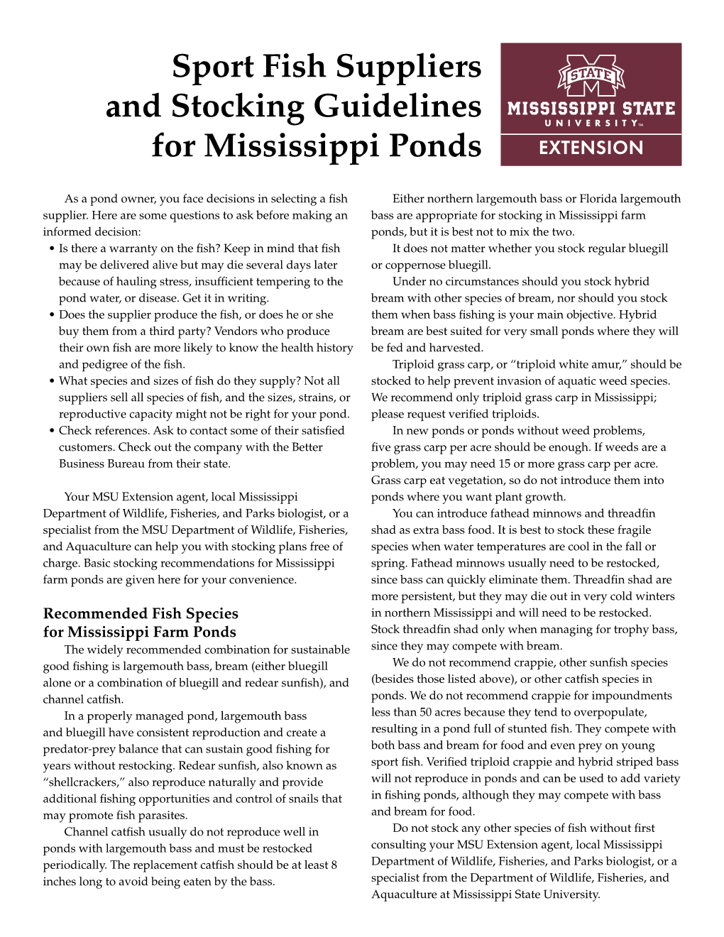 Sport Fish Suppliers and Stocking Guidelines for Mississippi Ponds