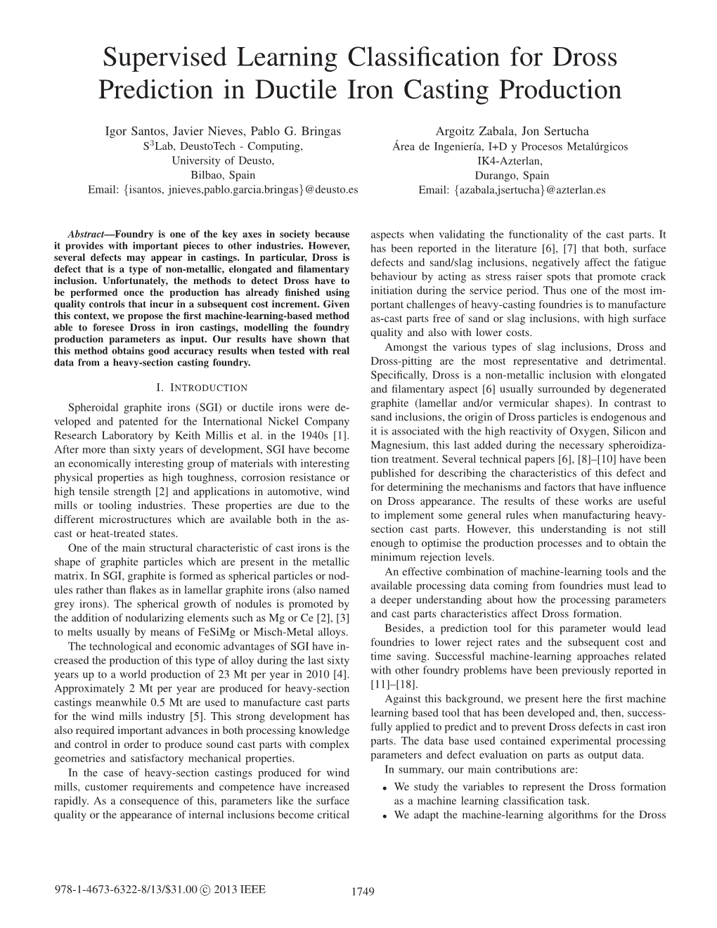 Supervised Learning Classification for Dross Prediction in Ductile Iron