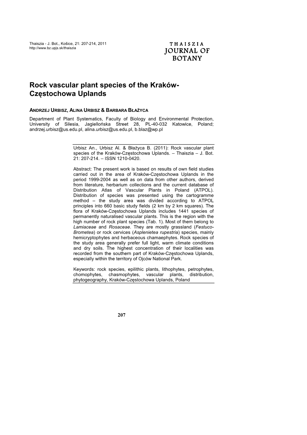 JOURNAL of JOURNAL of BOTANY Rock Vascular Plant Species of The
