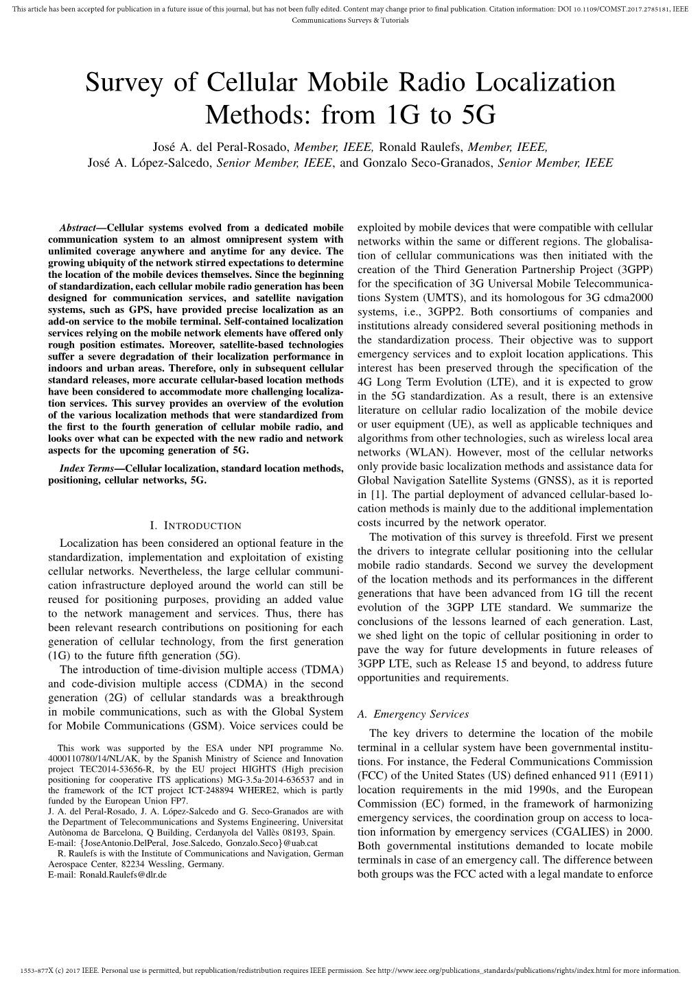 Survey of Cellular Mobile Radio Localization Methods: from 1G to 5G Jos´Ea