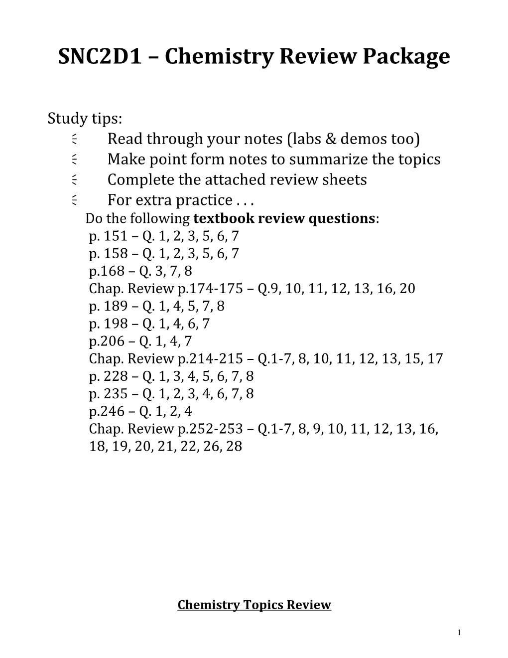 SNC 1D0 Chemistry Take Home Quiz