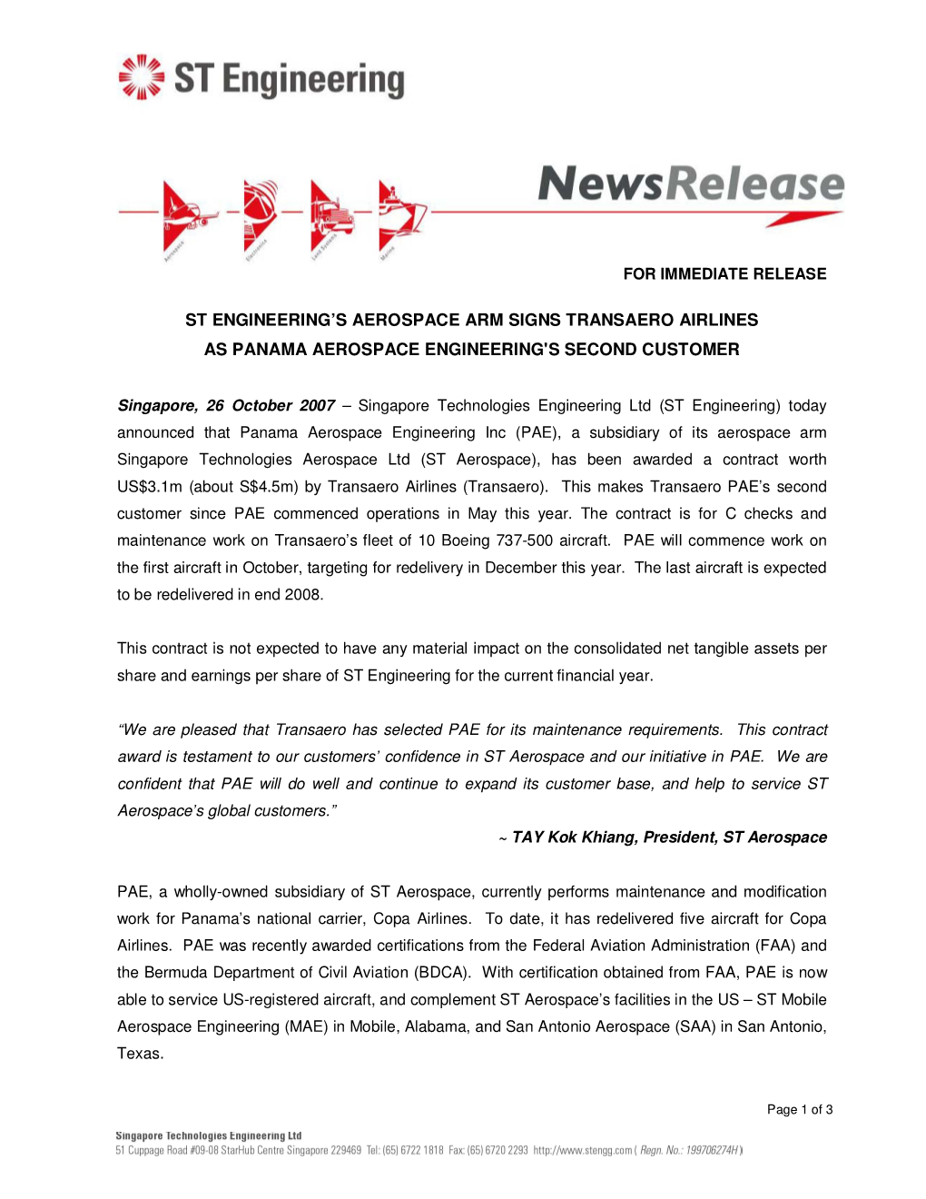 St Engineering's Aerospace Arm Signs Transaero