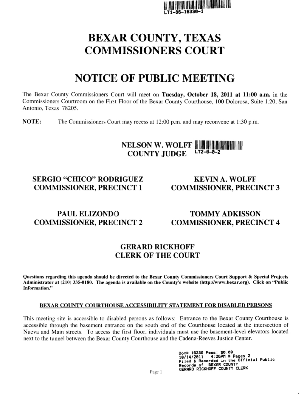 Bexi\.R COUNTY, TEXAS COM1VIISSIONERS COURT NOTICIC of PUBLIC MEETING NELSON W. W 0 LFF 1//Lllllilliilfllllllillllllllil/Llil