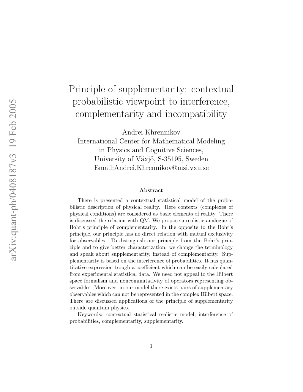 Principle of Supplementarity: Contextual Probabilistic Viewpoint To