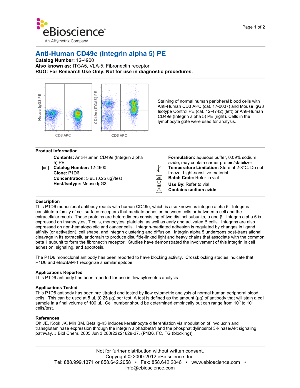 Anti-Human Cd49e (Integrin Alpha 5) PE Catalog Number: 12-4900 Also Known As: ITGA5, VLA-5, Fibronectin Receptor RUO: for Research Use Only