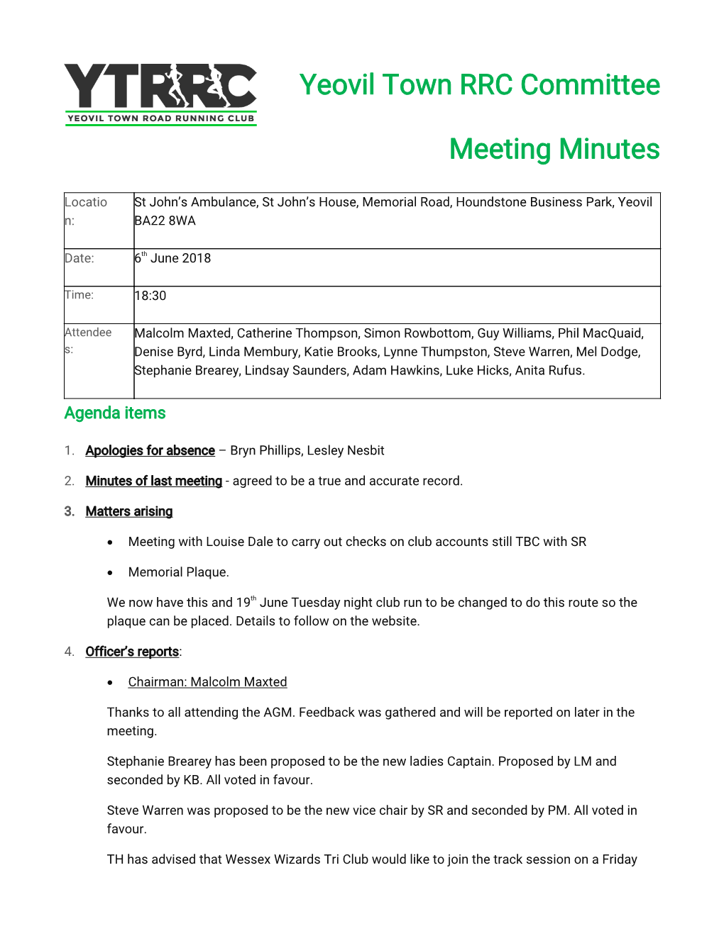 Yeovil Town RRC Committee Meeting Minutes