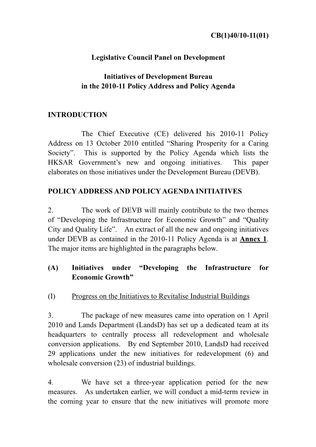 Legislative Council Panel on Development Initiatives Of