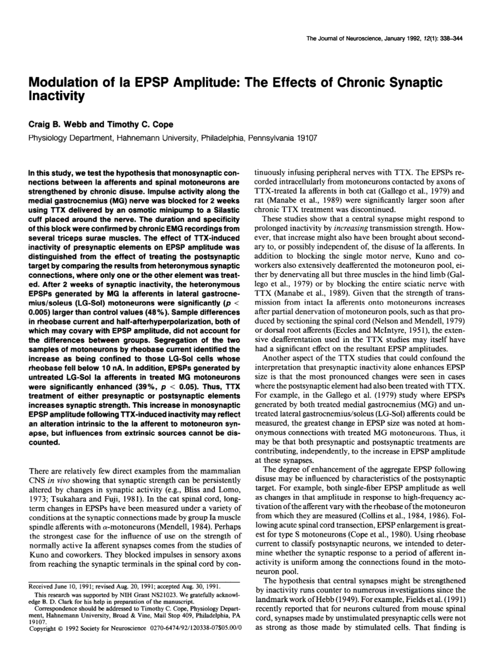 Modulation of La EPSP Amplitude: the Effects of Chronic Synaptic Inactivity