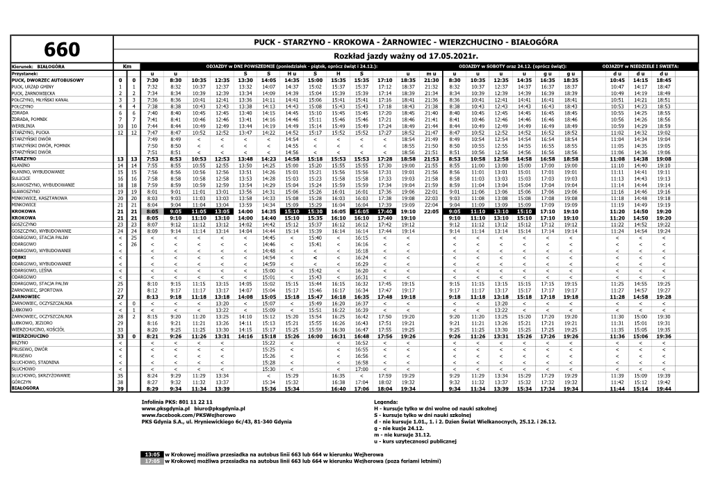 STARZYNO - KROKOWA - ŻARNOWIEC - WIERZCHUCINO - BIAŁOGÓRA 660 Rozkład Jazdy Ważny Od 17.05.2021R