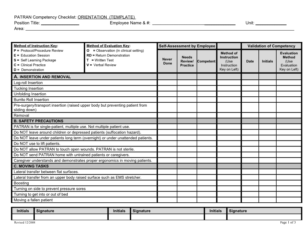 UCHC Competency Checklist: ORIENTATION