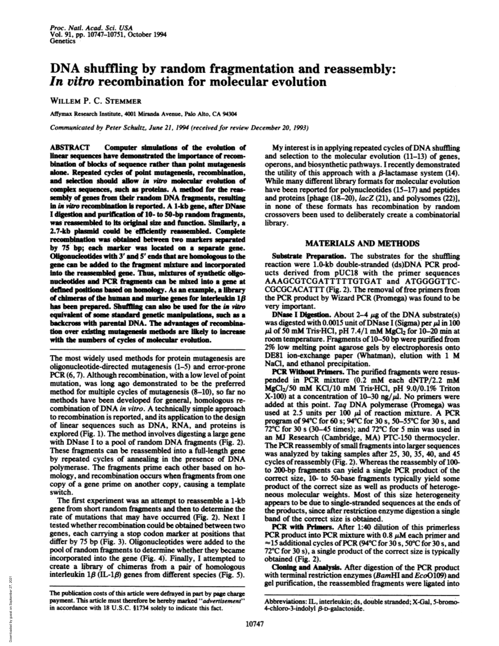 DNA Shuffling by Random Fragmentation and Reassembly: in Vitro Recombination for Molecular Evolution WILLEM P