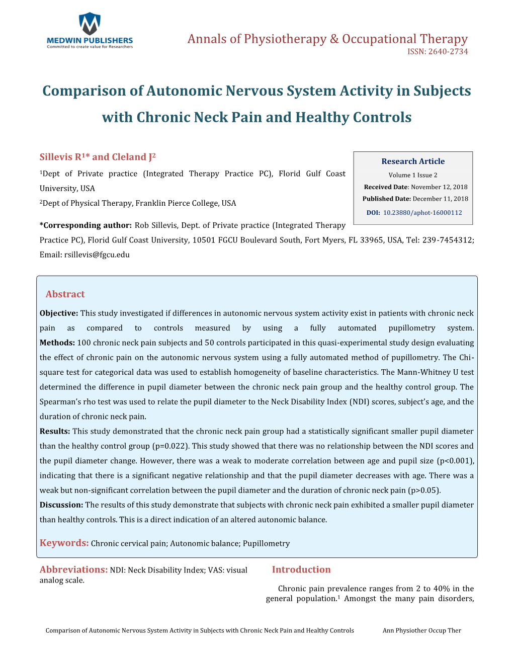 Comparison of Autonomic Nervous System Activity in Subjects with Chronic Neck Pain and Healthy Controls