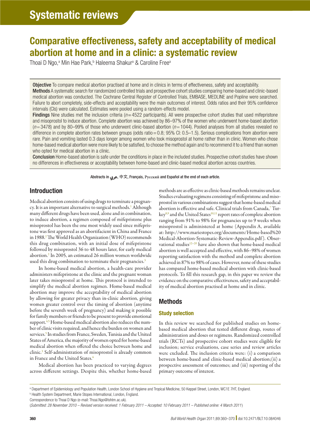 Comparative Effectiveness, Safety and Acceptability of Medical Abortion At