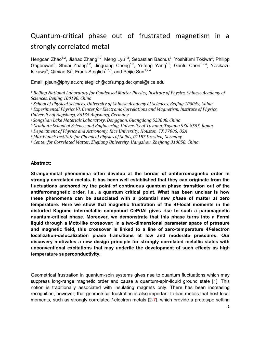 Quantum-Critical Phase out of Frustrated Magnetism in a Strongly Correlated Metal