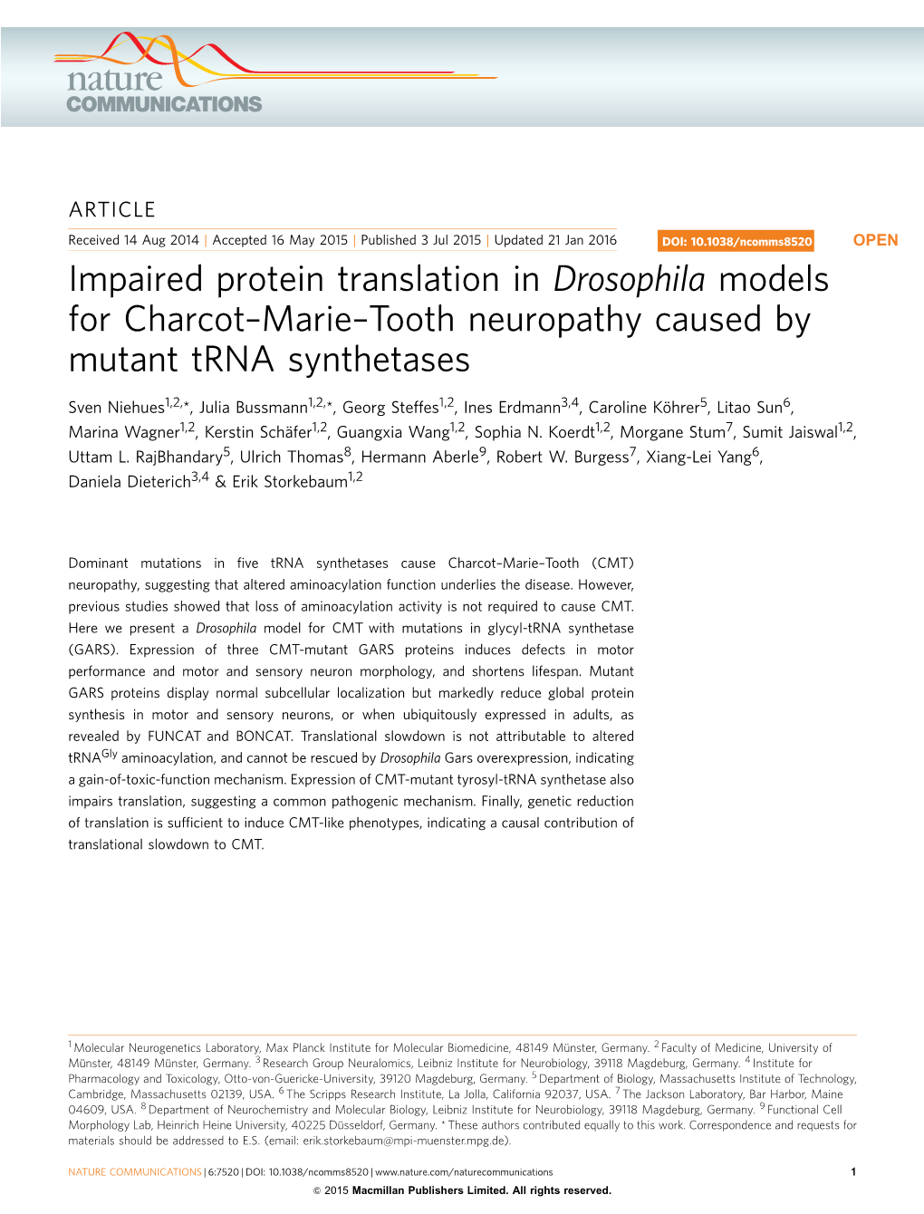 Impaired Protein Translation in Drosophila Models for Charcot–Marie–Tooth Neuropathy Caused by Mutant Trna Synthetases