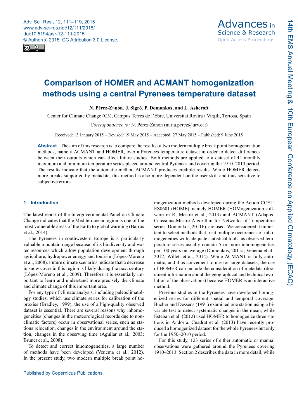 Comparison of HOMER and ACMANT Homogenization Methods Using a Central Pyrenees Temperature Dataset