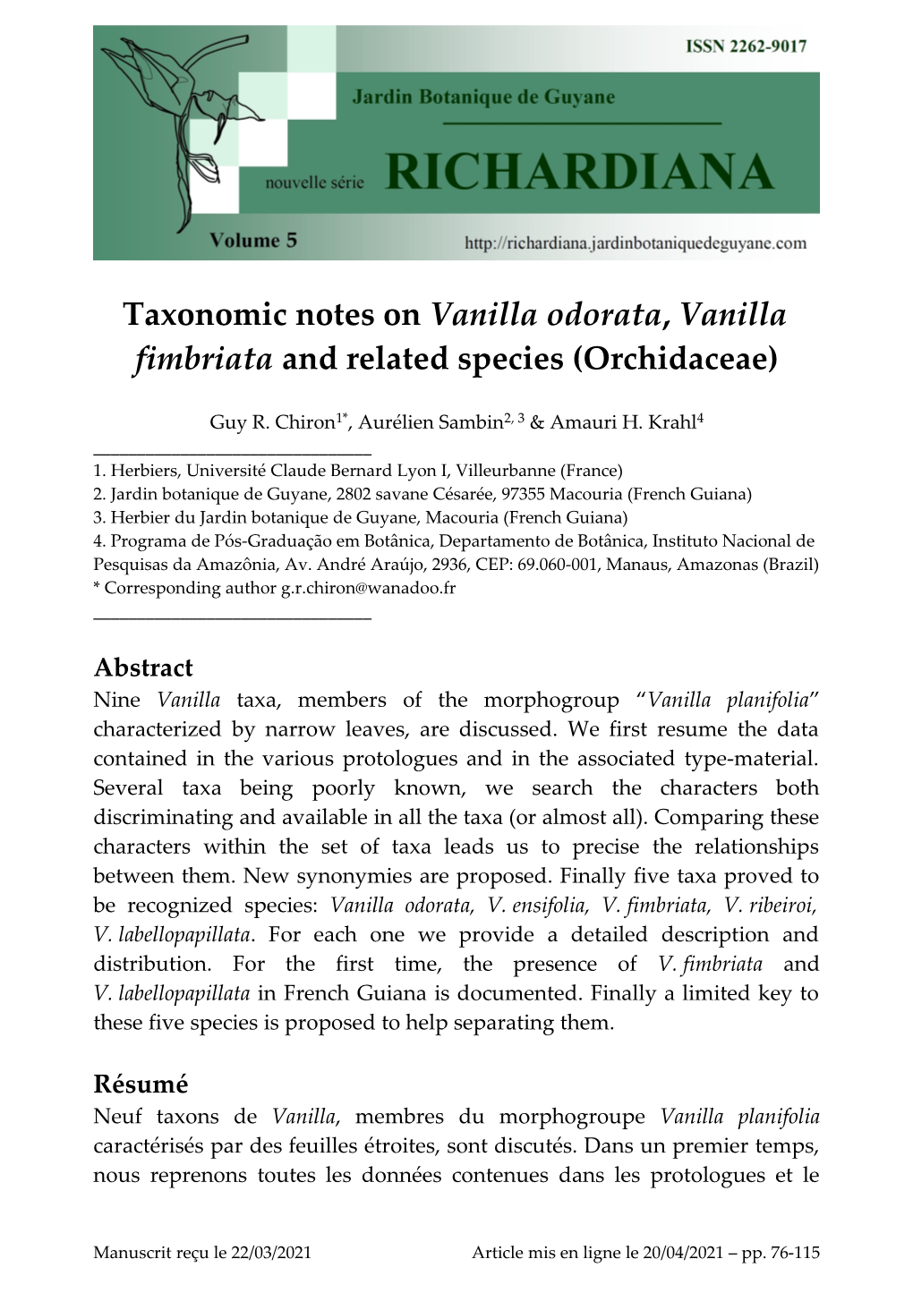 Taxonomic Notes on Vanilla Odorata, Vanilla Fimbriata and Related Species (Orchidaceae)