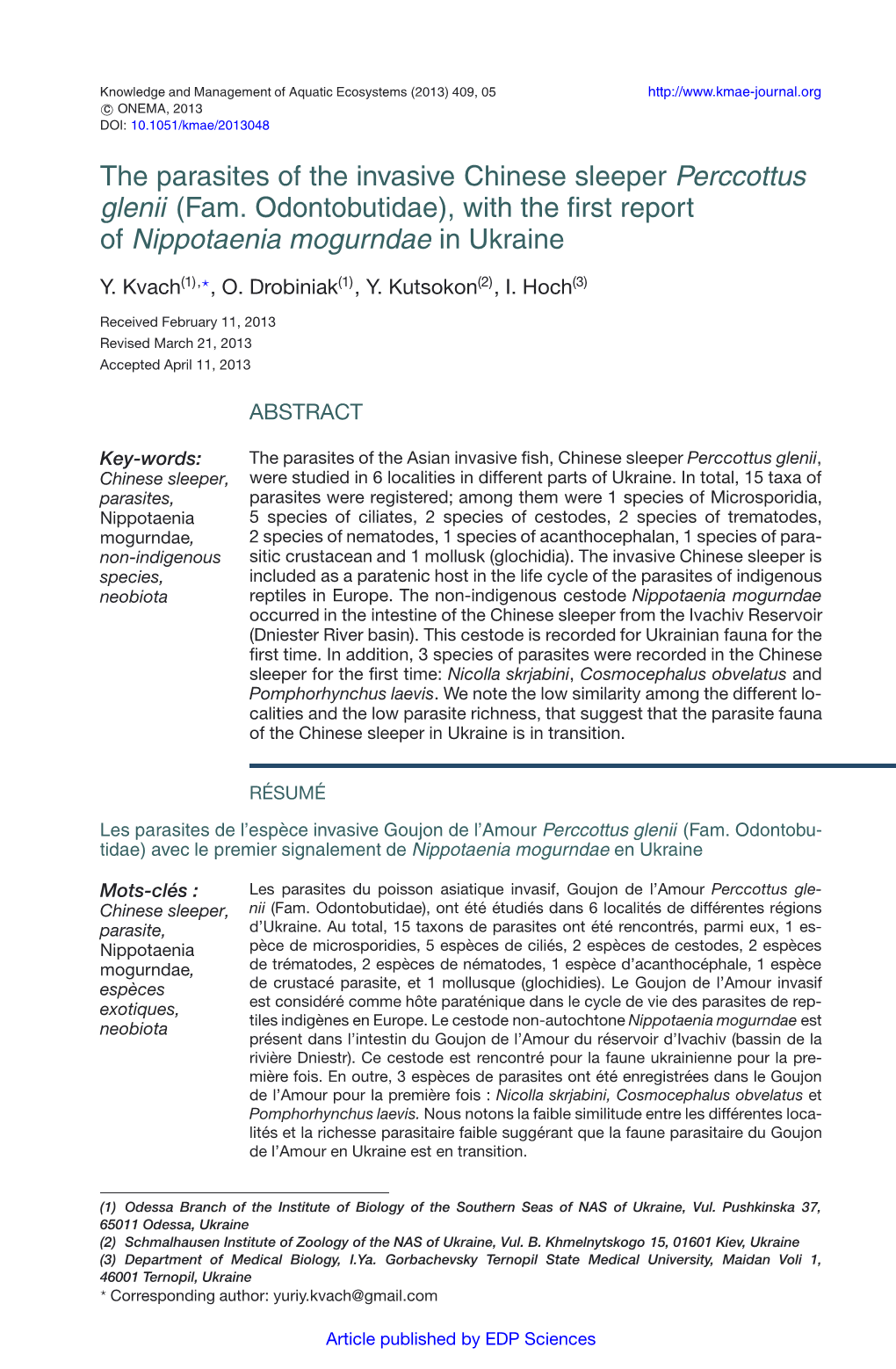 The Parasites of the Invasive Chinese Sleeper Perccottus Glenii (Fam