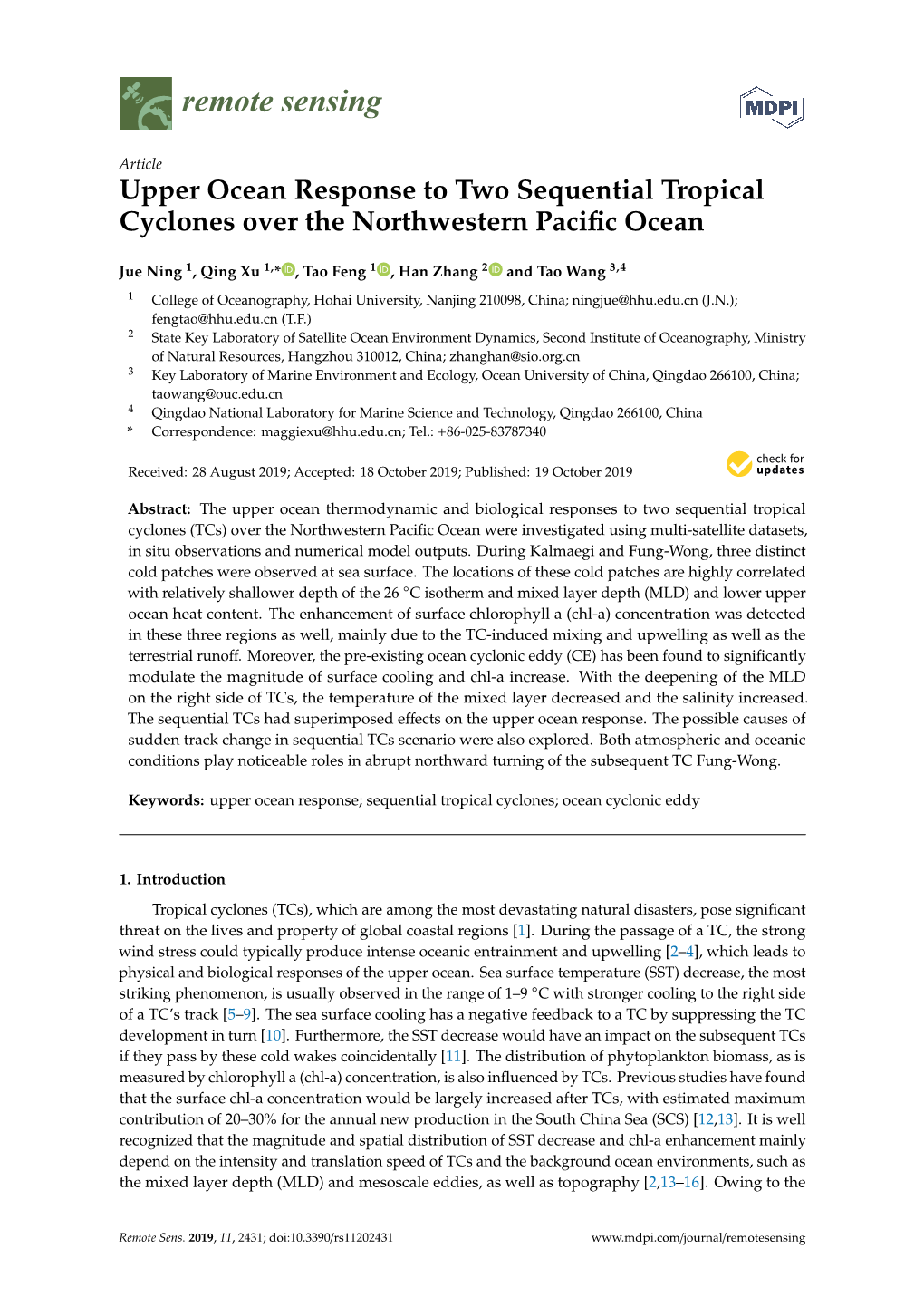 Upper Ocean Response to Two Sequential Tropical Cyclones Over the Northwestern Paciﬁc Ocean