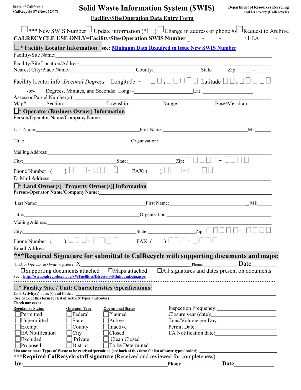 (SWIS) Facility/Site/Operation Date Entry Form, Calrecycle 37