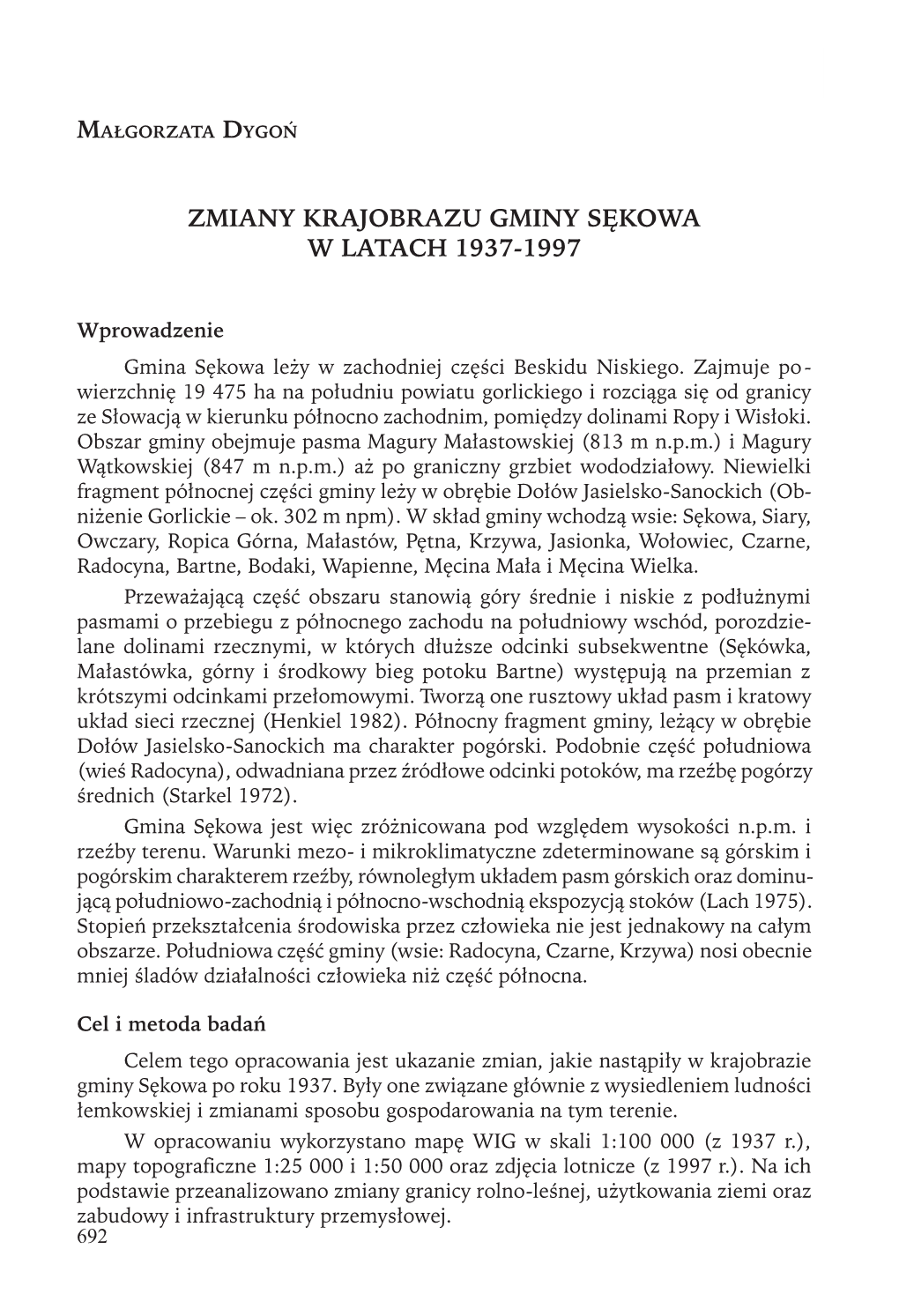 Zmiany Krajobrazu Gminy Sękowa W Latach 1937-1997