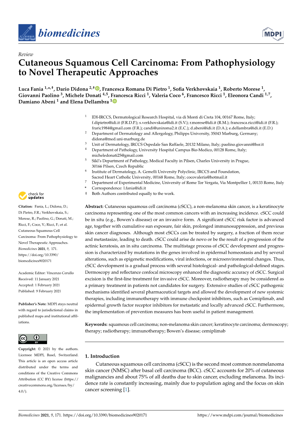 Cutaneous Squamous Cell Carcinoma: from Pathophysiology to Novel Therapeutic Approaches