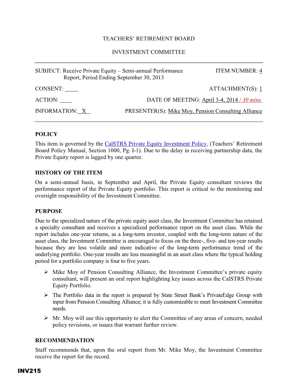 Receive Private Equity – Semi-Annual Performance ITEM NUMBER: 4 Report, Period Ending September 30, 2013