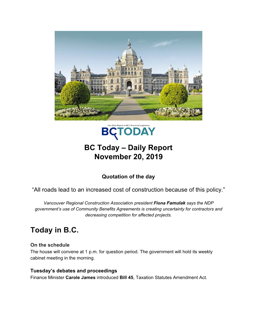Daily Report November 20, 2019 Today in BC
