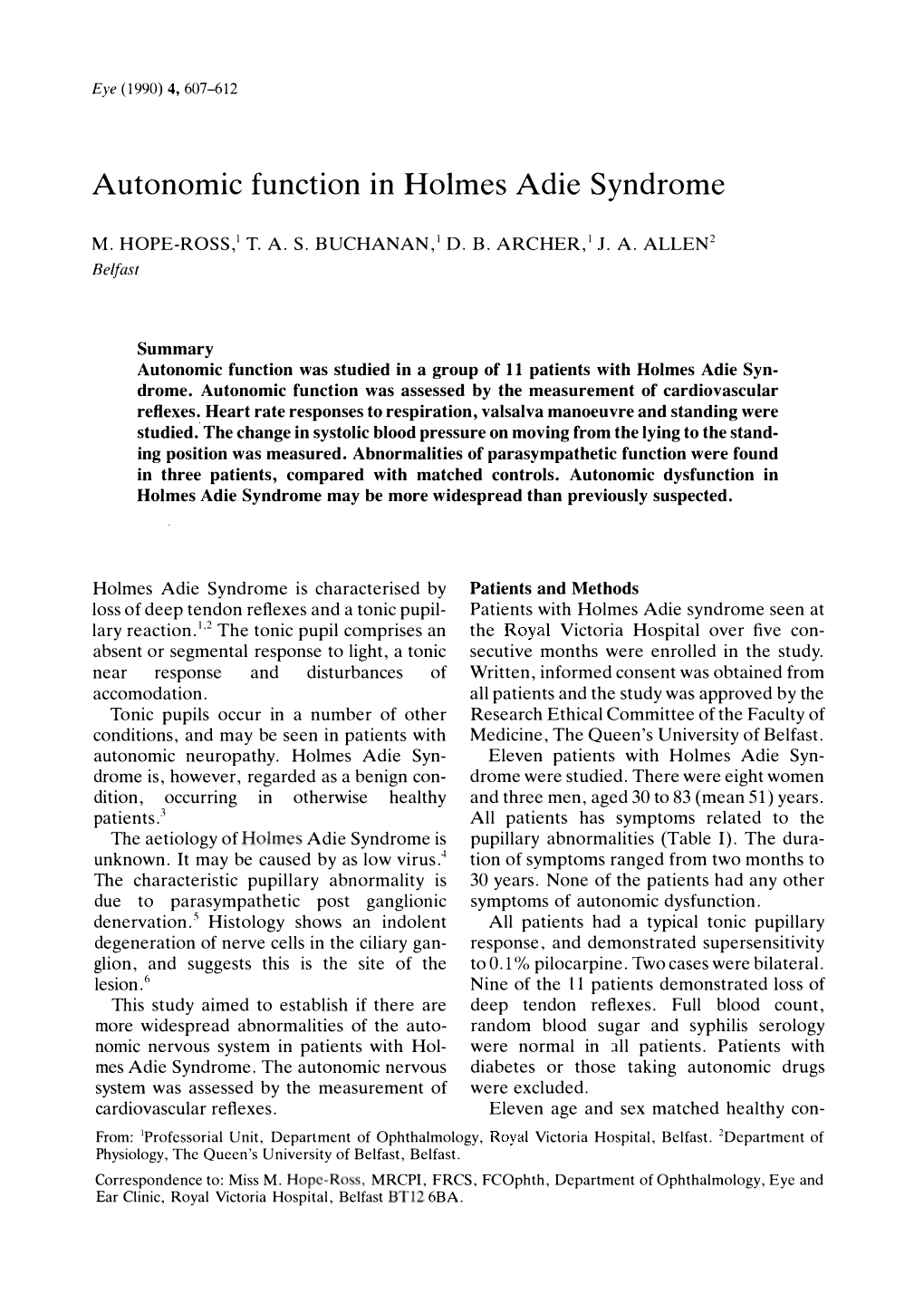 Autonomic Function in Holmes Adie Syndrome