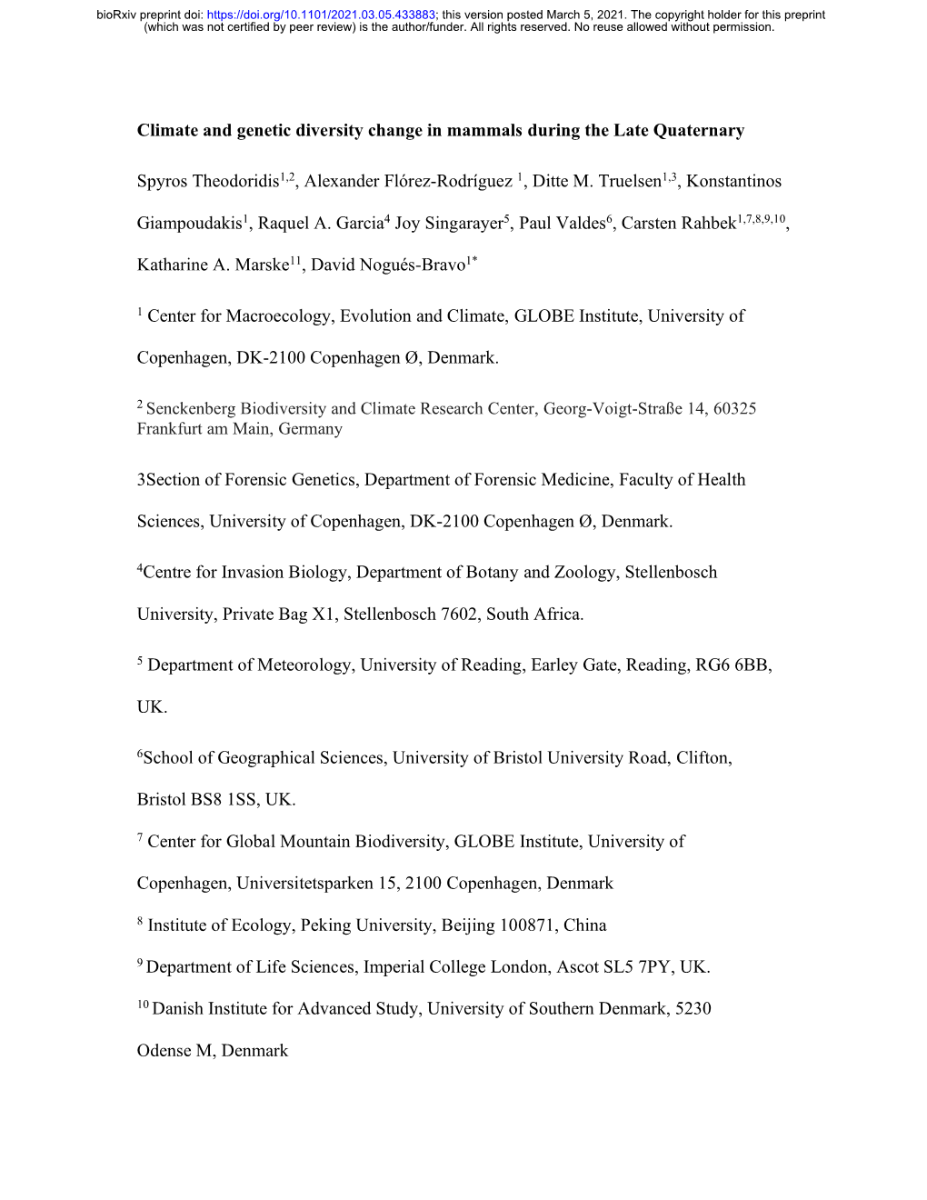 Climate and Genetic Diversity Change in Mammals During the Late Quaternary