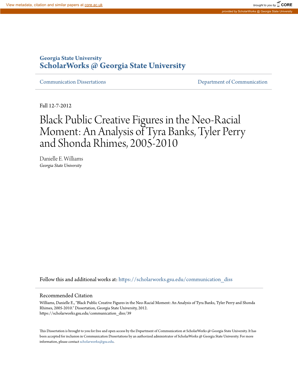 An Analysis of Tyra Banks, Tyler Perry and Shonda Rhimes, 2005-2010 Danielle E