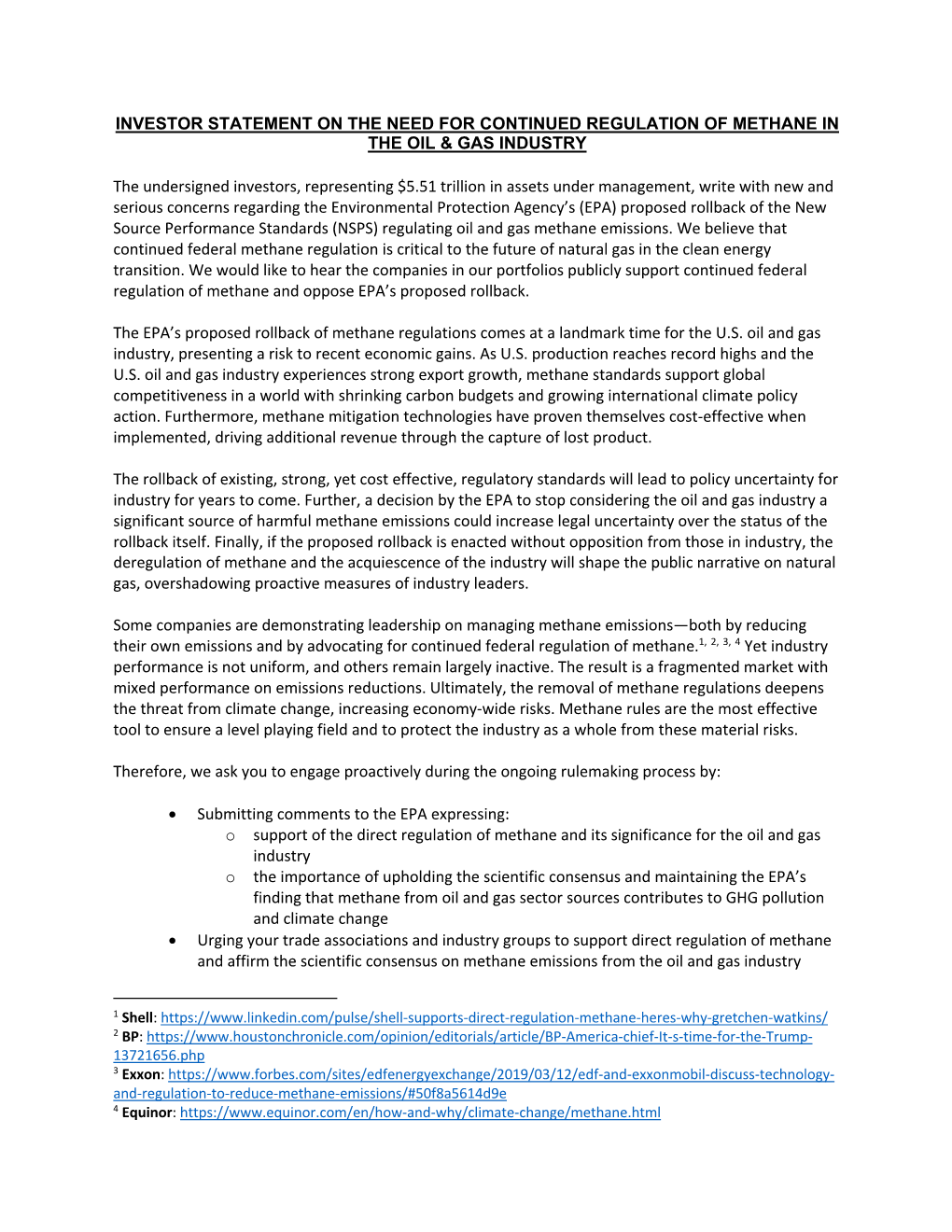 Signatories to the 2019 Investor Statement on Methane Regulation