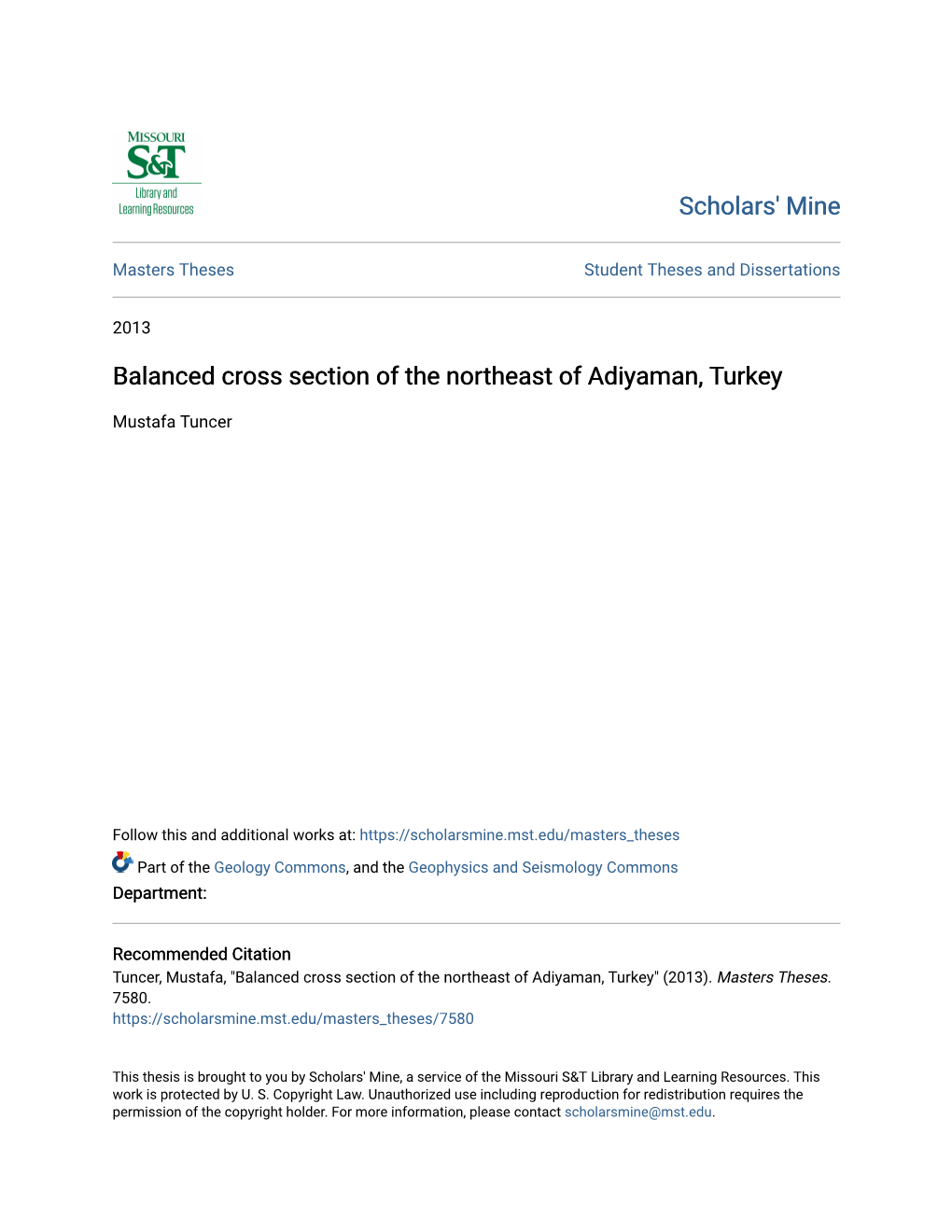 Balanced Cross Section of the Northeast of Adiyaman, Turkey