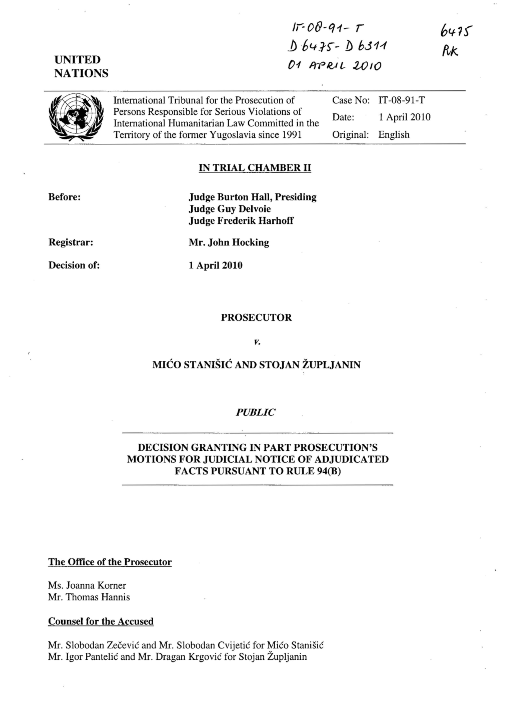 Decision Granting in Part Prosecution's Motions for Judicial Notice of Adjudicated Facts Pursuant to Rule 94(B)