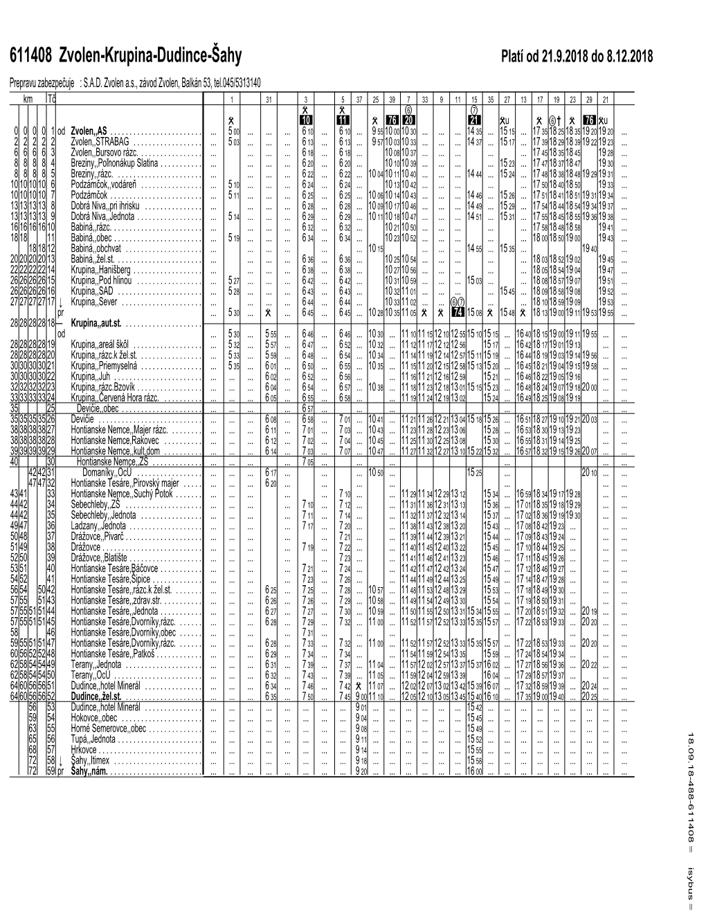 611408 Zvolen-Krupina-Dudince-Šahy Platí Od 21.9.2018 Do 8.12.2018