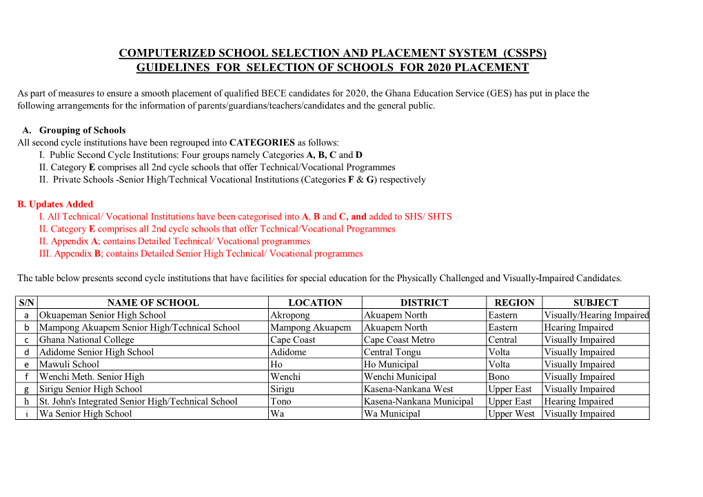 (Cssps) Guidelines for Selection of Schools for 2020 Placement