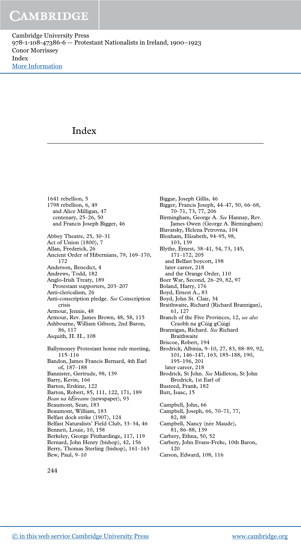 Cambridge University Press 978-1-108-47386-6 — Protestant Nationalists in Ireland, 1900–1923 Conor Morrissey Index More Information