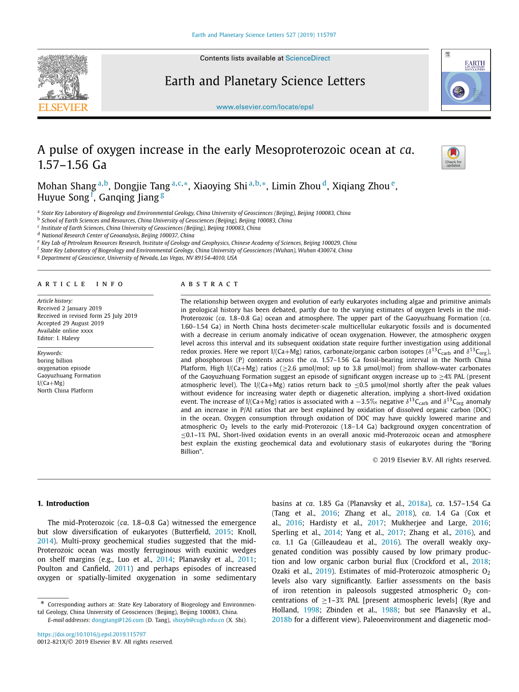 Earth and Planetary Science Letters a Pulse of Oxygen Increase in The