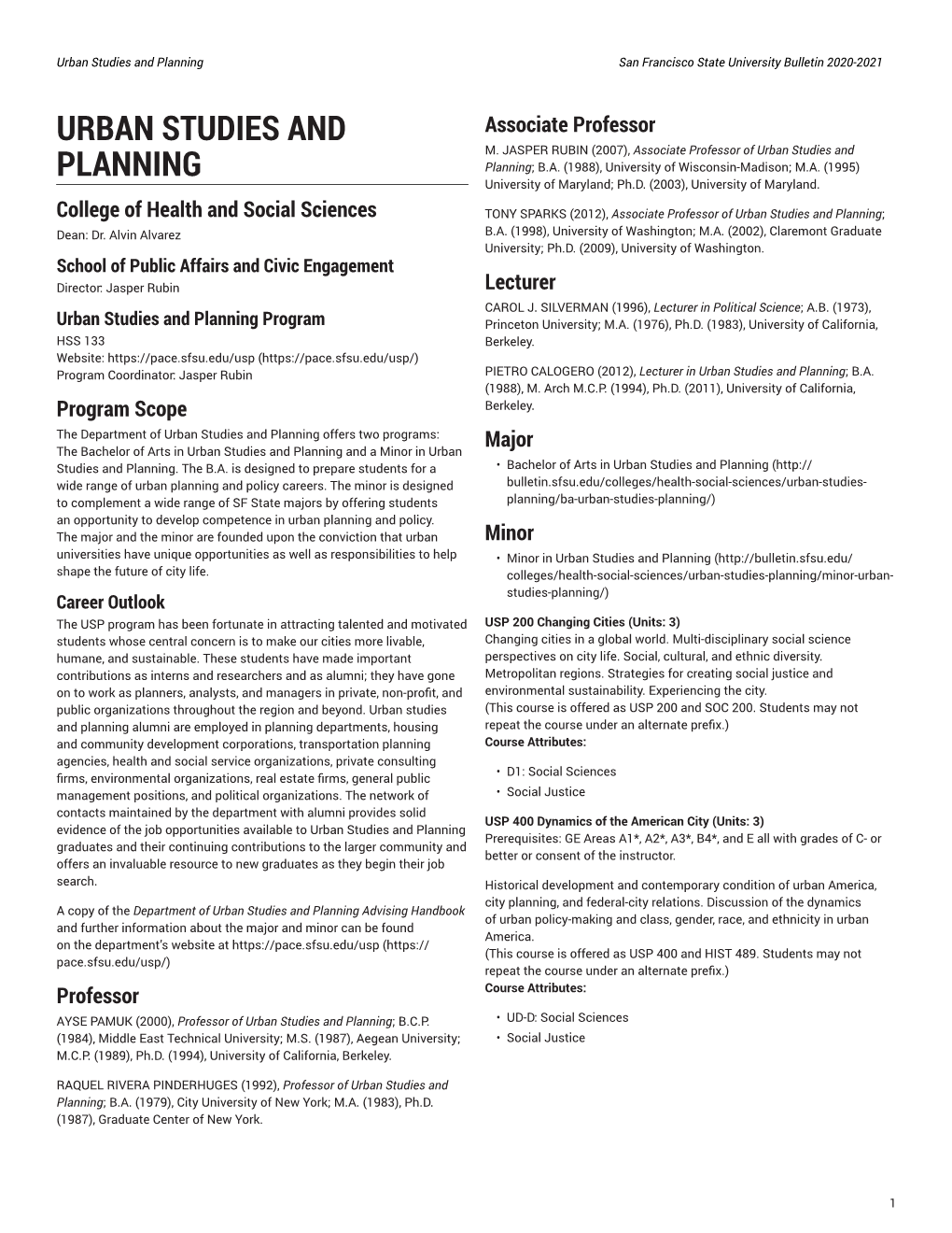 Urban Studies and Planning San Francisco State University Bulletin 2020-2021