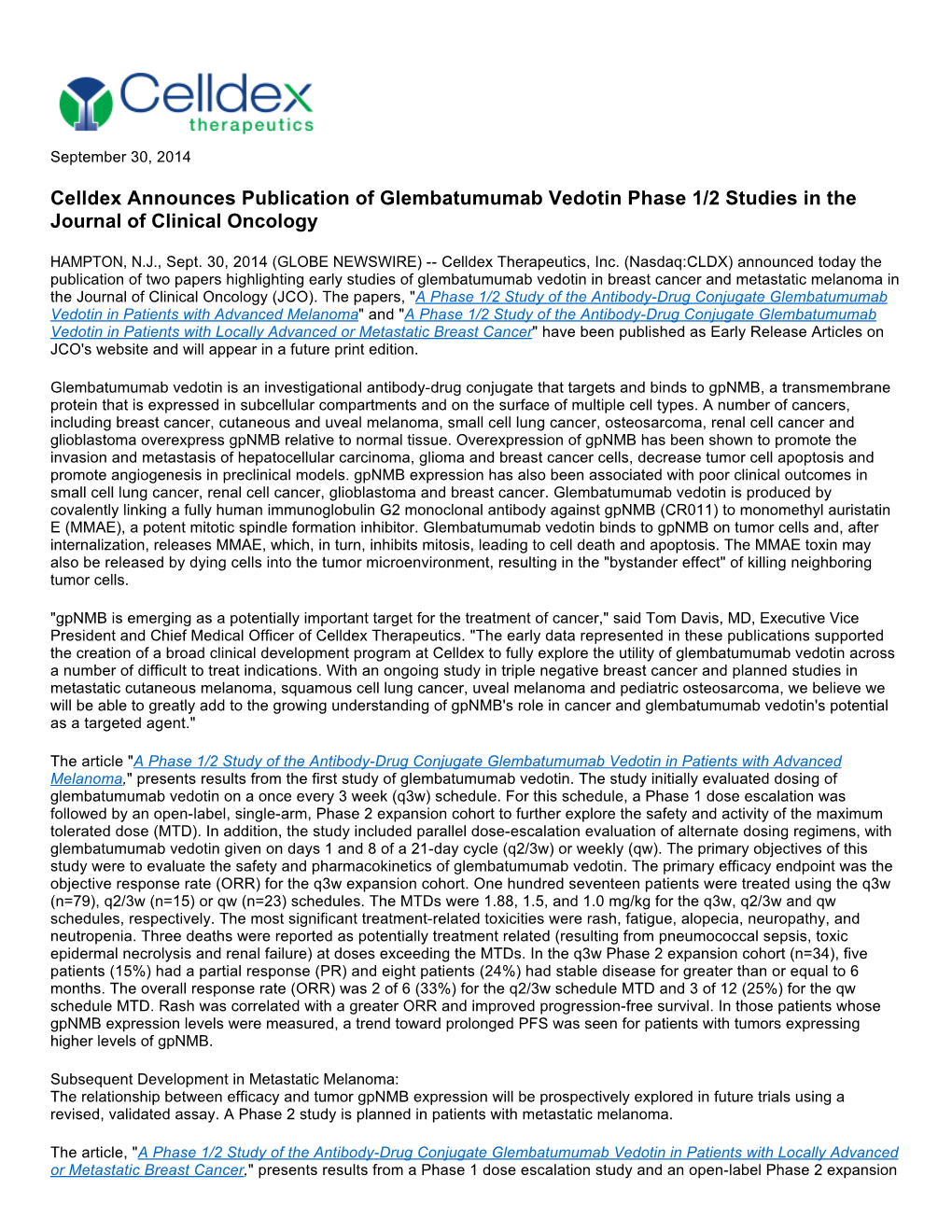 Celldex Announces Publication of Glembatumumab Vedotin Phase 1/2 Studies in the Journal of Clinical Oncology