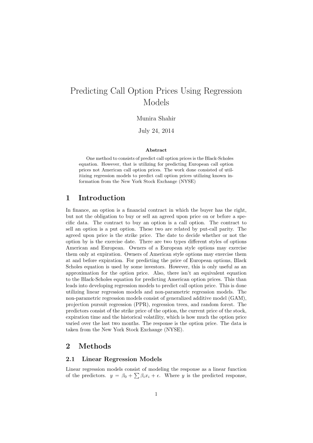 Predicting Call Option Prices Using Regression Models