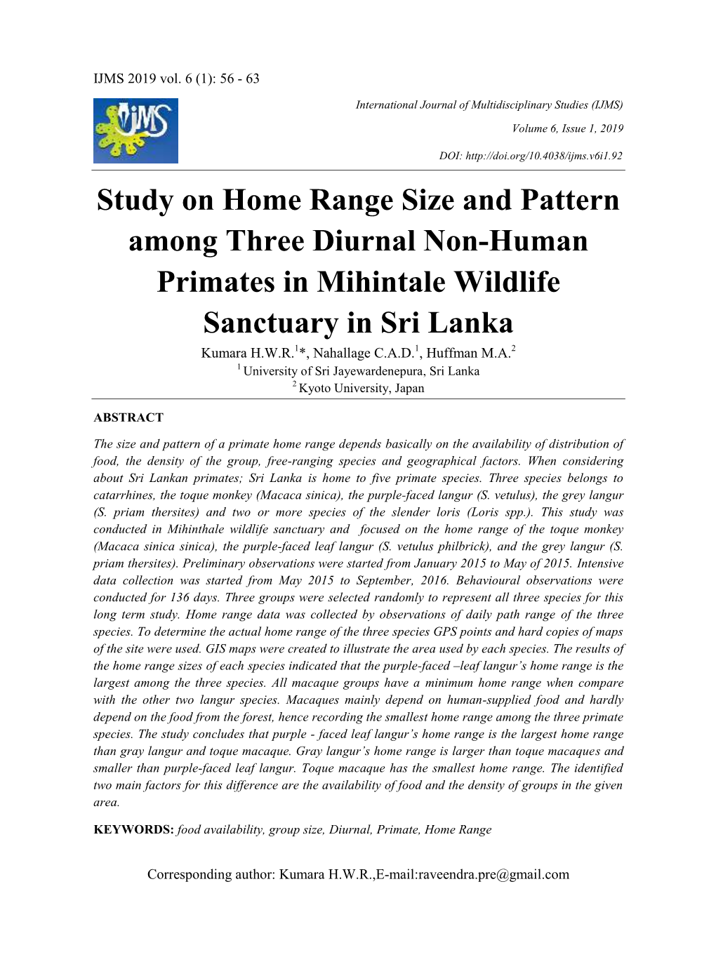 Study on Home Range Size and Pattern Among Three Diurnal Non