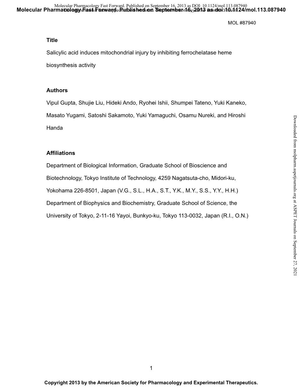 1 Title Salicylic Acid Induces Mitochondrial Injury by Inhibiting