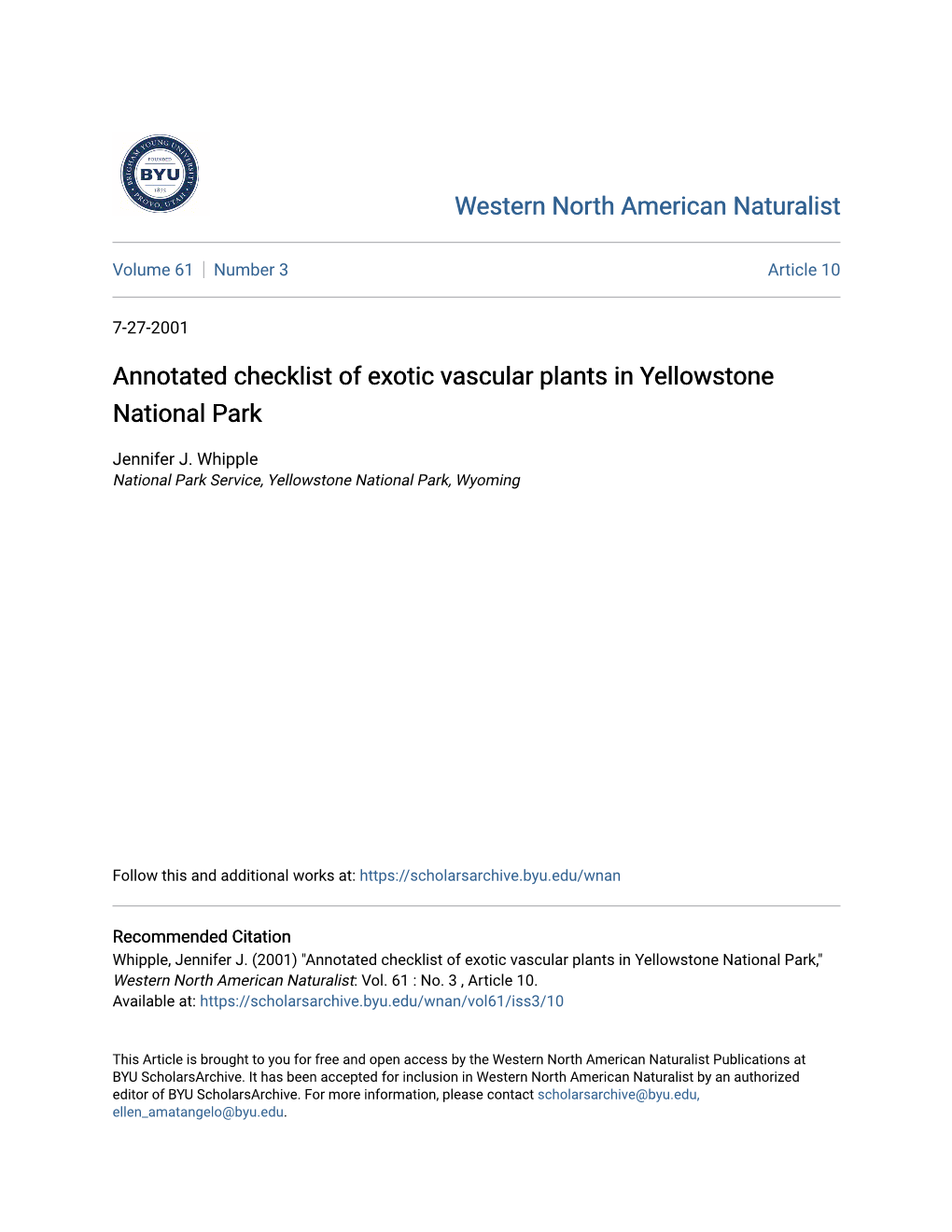 Annotated Checklist of Exotic Vascular Plants in Yellowstone National Park