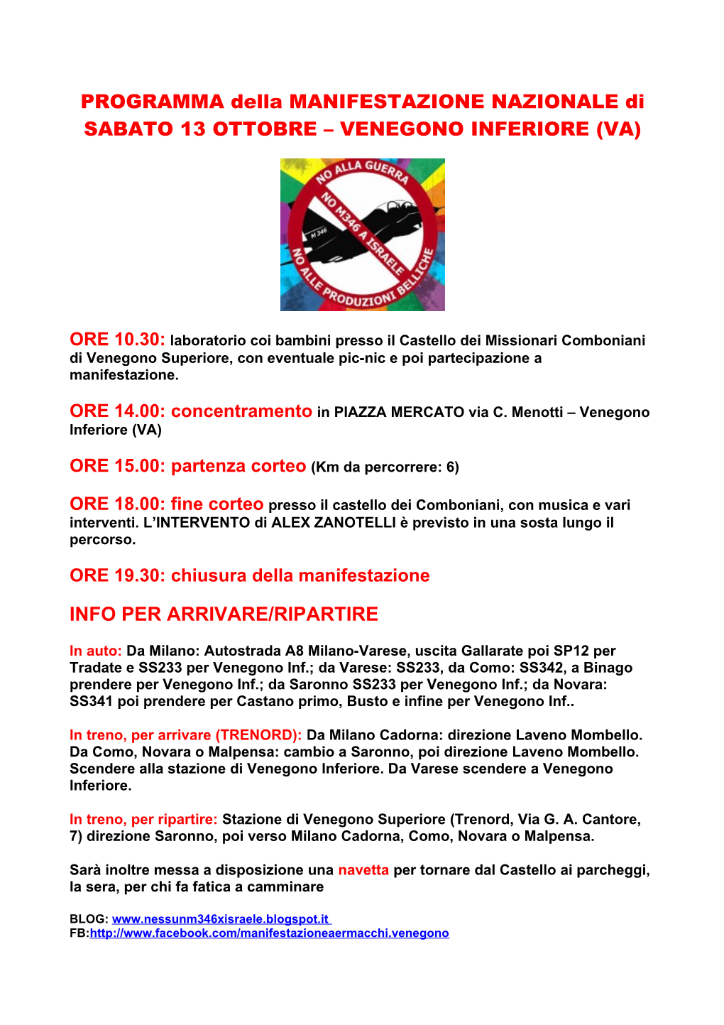 PROGRAMMA Della MANIFESTAZIONE NAZIONALE Di SABATO 13 OTTOBRE – VENEGONO INFERIORE (VA)