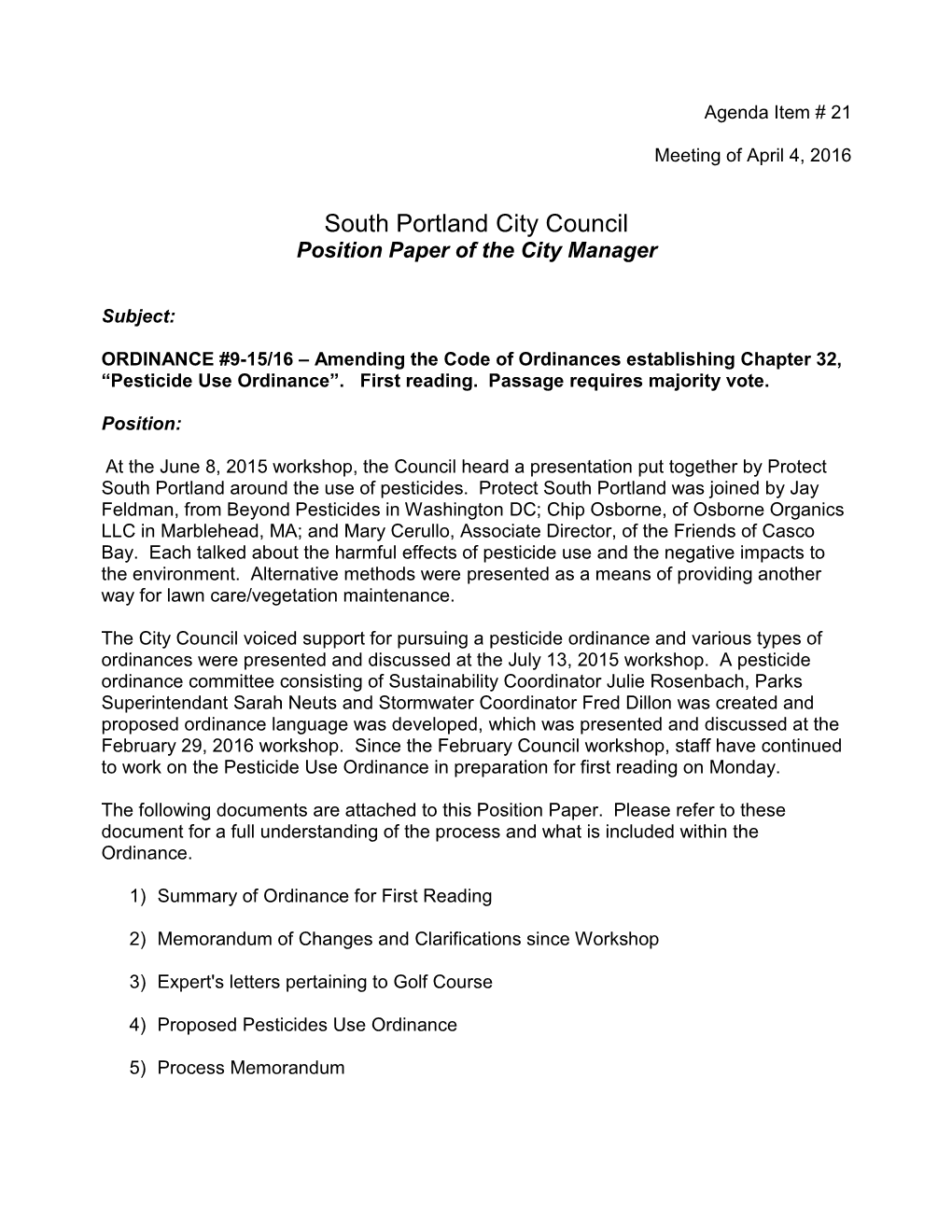 South Portland City Council Position Paper of the City Manager