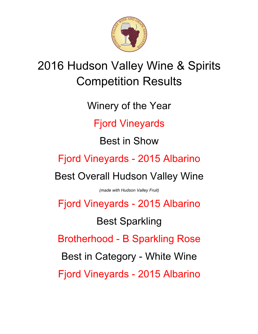 2016 Hudson Valley Wine & Spirits Competition Results